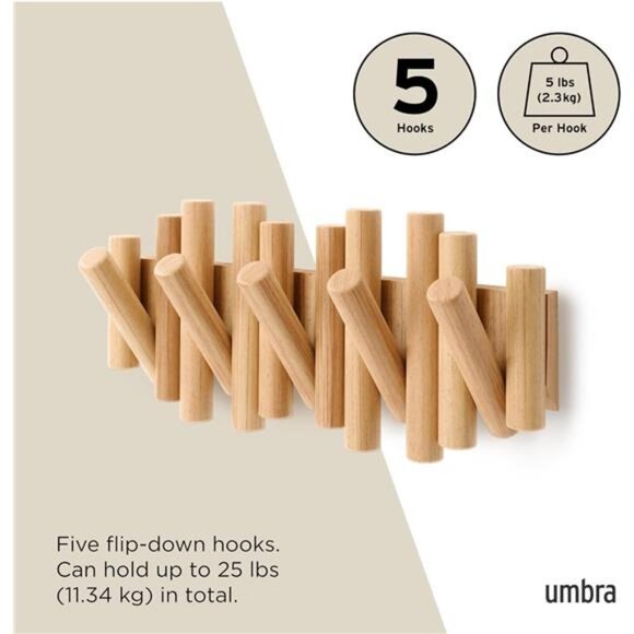 5 Hooks, Wall-Mounted Rail, Doubles as Art, Beveled Pine Wood - Picture 5 of 7